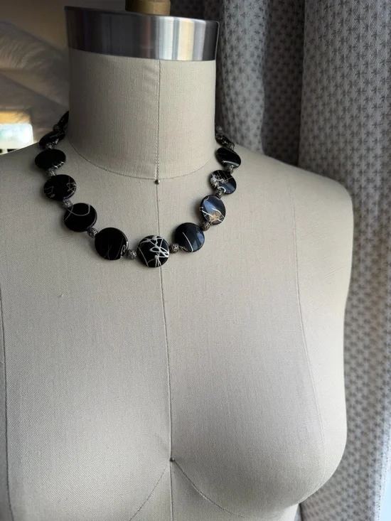 Black Silver and Gold Disc Choker Statement 16” Necklace with Toggle Closure - Picture 9 of 9